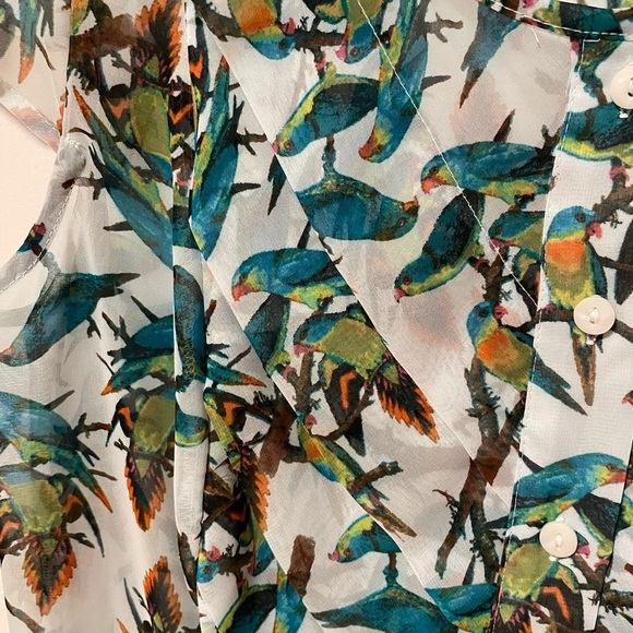 Lovely Sheer Tropical Birds Cap Sleeve Button Down Women’s M - Picture 2 of 7